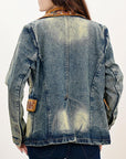 ADBZ029 Genuine leather Hand tooled hand carved Women 100% cotton Denim Blazer dress jacket ladies Girl