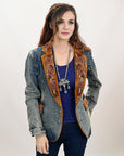 ADBZ029 Genuine leather Hand tooled hand carved Women 100% cotton Denim Blazer dress jacket ladies Girl
