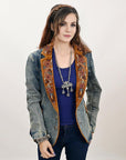 ADBZ029 Genuine leather Hand tooled hand carved Women 100% cotton Denim Blazer dress jacket ladies Girl