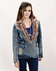 ADBZ031 Genuine leather Hand tooled hand carved Women 100% cotton Denim Blazer dress jacket ladies Girl