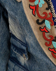 ADBZ031 Genuine leather Hand tooled hand carved Women 100% cotton Denim Blazer dress jacket ladies Girl