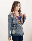 ADBZ031 Genuine leather Hand tooled hand carved Women 100% cotton Denim Blazer dress jacket ladies Girl