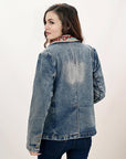 ADBZ031 Genuine leather Hand tooled hand carved Women 100% cotton Denim Blazer dress jacket ladies Girl
