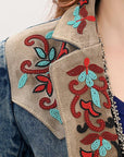 ADBZ031 Genuine leather Hand tooled hand carved Women 100% cotton Denim Blazer dress jacket ladies Girl