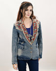 ADBZ031 Genuine leather Hand tooled hand carved Women 100% cotton Denim Blazer dress jacket ladies Girl