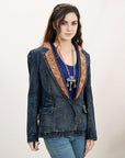 ADBZ044 Genuine leather Hand tooled hand carved Women 100% cotton Denim Blazer dress jacket ladies Girl