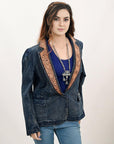 ADBZ044 Genuine leather Hand tooled hand carved Women 100% cotton Denim Blazer dress jacket ladies Girl