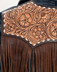 ADBZ044 Genuine leather Hand tooled hand carved Women 100% cotton Denim Blazer dress jacket ladies Girl