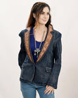 ADBZ044 Genuine leather Hand tooled hand carved Women 100% cotton Denim Blazer dress jacket ladies Girl