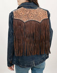 ADBZ044 Genuine leather Hand tooled hand carved Women 100% cotton Denim Blazer dress jacket ladies Girl
