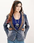 ADBZ045 Genuine leather Hand tooled hand carved Women 100% cotton Denim Blazer dress jacket ladies Girl