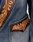 ADBZ045 Genuine leather Hand tooled hand carved Women 100% cotton Denim Blazer dress jacket ladies Girl