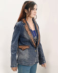 ADBZ045 Genuine leather Hand tooled hand carved Women 100% cotton Denim Blazer dress jacket ladies Girl