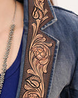 ADBZ045 Genuine leather Hand tooled hand carved Women 100% cotton Denim Blazer dress jacket ladies Girl