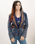ADBZ045 Genuine leather Hand tooled hand carved Women 100% cotton Denim Blazer dress jacket ladies Girl
