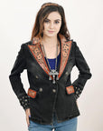 ADBZ048 Genuine leather Hand tooled hand carved Women 100% cotton Denim Blazer dress jacket ladies Girl