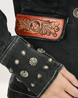 ADBZ048 Genuine leather Hand tooled hand carved Women 100% cotton Denim Blazer dress jacket ladies Girl