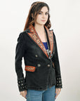 ADBZ048 Genuine leather Hand tooled hand carved Women 100% cotton Denim Blazer dress jacket ladies Girl
