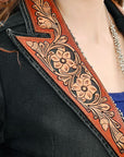 ADBZ048 Genuine leather Hand tooled hand carved Women 100% cotton Denim Blazer dress jacket ladies Girl