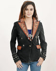 ADBZ048 Genuine leather Hand tooled hand carved Women 100% cotton Denim Blazer dress jacket ladies Girl