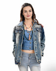 ADJKT030 Genuine leather Hand tooled hand carved Women 100% cotton Denim jacket dress ladies girl