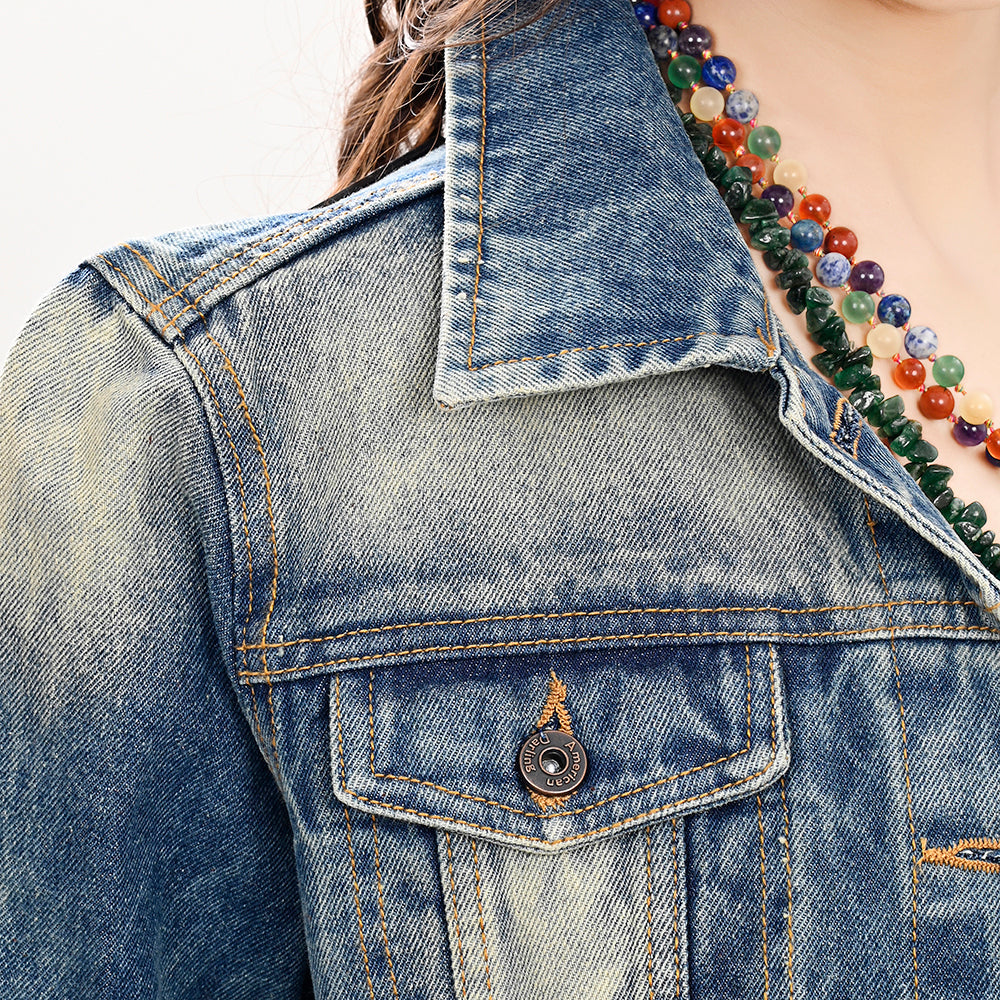 ADJKT030 Genuine leather Hand tooled hand carved Women 100% cotton Denim jacket  dress ladies girl