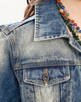 ADJKT030 Genuine leather Hand tooled hand carved Women 100% cotton Denim jacket dress ladies girl