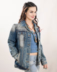 ADJKT030 Genuine leather Hand tooled hand carved Women 100% cotton Denim jacket dress ladies girl
