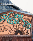 ADJKT030 Genuine leather Hand tooled hand carved Women 100% cotton Denim jacket dress ladies girl
