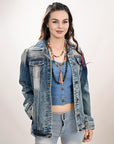 ADJKT030 Genuine leather Hand tooled hand carved Women 100% cotton Denim jacket dress ladies girl