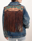 ADJKT030 Genuine leather Hand tooled hand carved Women 100% cotton Denim jacket dress ladies girl
