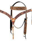 HILASON Western Horse Headstall & Breast Collar Tack Set American Leather Floral Carving Tan