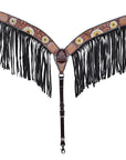 Hilason Horse Floral Hand Painted American Leather Breast Collar Headstall Fringes Brown