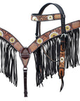 Hilason Horse Floral Hand Painted American Leather Breast Collar Headstall Fringes Brown