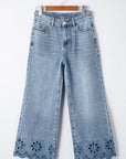 Solid Denim Embroidered Wide Leg Jeans