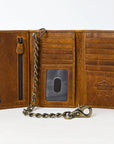 American Tanner Genuine Leather Rodeo Trifold Unisex Wallet With Chain Snap