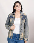 ADJKT021 Genuine leather Hand tooled hand carved Women 100% cotton Denim jacket dress ladies girl