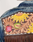 ADJKT024 Genuine leather Hand tooled hand carved Women 100% cotton Denim jacket dress ladies girl