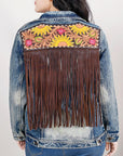 ADJKT024 Genuine leather Hand tooled hand carved Women 100% cotton Denim jacket dress ladies girl