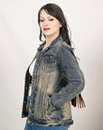 ADJKT025 Genuine leather Hand tooled hand carved Women 100% cotton Denim jacket dress ladies girl
