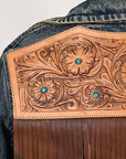 ADJKT025 Genuine leather Hand tooled hand carved Women 100% cotton Denim jacket dress ladies girl