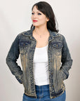 ADJKT025 Genuine leather Hand tooled hand carved Women 100% cotton Denim jacket dress ladies girl