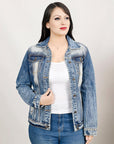 ADJKT029 Genuine leather Hand tooled hand carved Women 100% cotton Denim jacket dress ladies girl