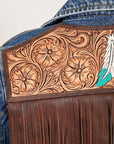 ADJKT029 Genuine leather Hand tooled hand carved Women 100% cotton Denim jacket dress ladies girl