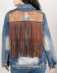 ADJKT029 Genuine leather Hand tooled hand carved Women 100% cotton Denim jacket dress ladies girl