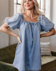 Camryn Bubble Sleeve Square Neck Denim Babydoll Dress