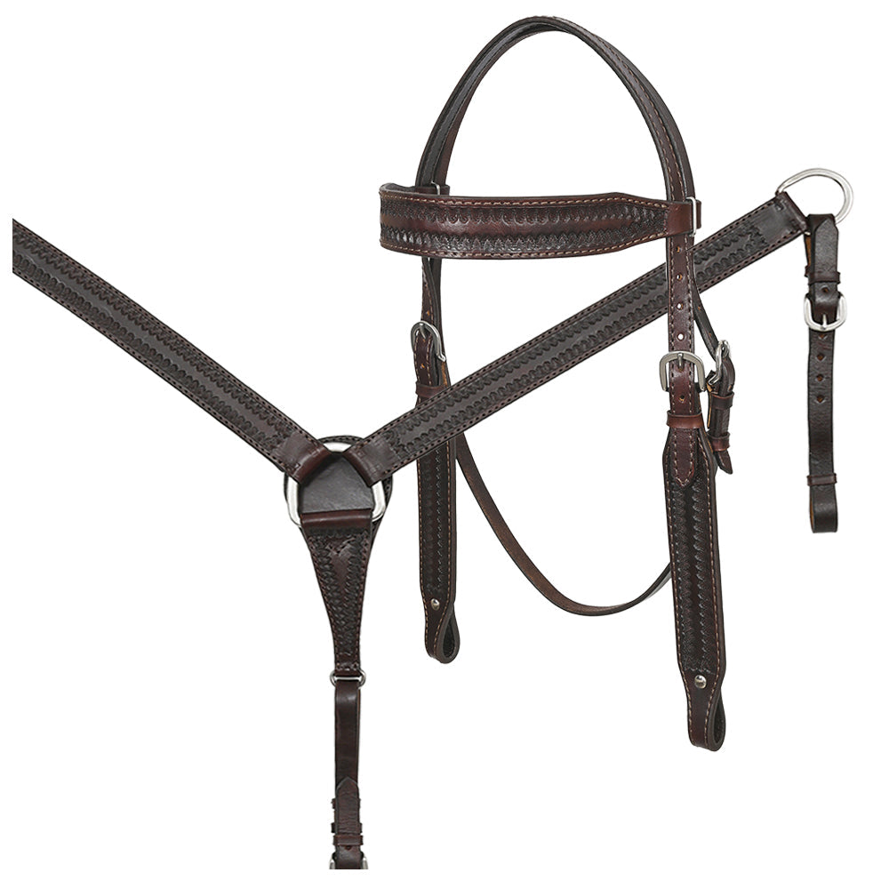 HILASON Western Horse Genuine Leather Hand Tooled Headstall Breast Collar Brown