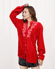 American Darling ADDR003 100% Cotton Denim Women Shirt Jacket Dress Ladies Girl Top Red