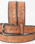BAR H EQUINE 32 - 42 In Floral Hand Tooled Western Genuine Leather Belt Brown