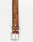 BAR H EQUINE 32 - 42 In Floral Hand Tooled Western Genuine Leather Belt Brown